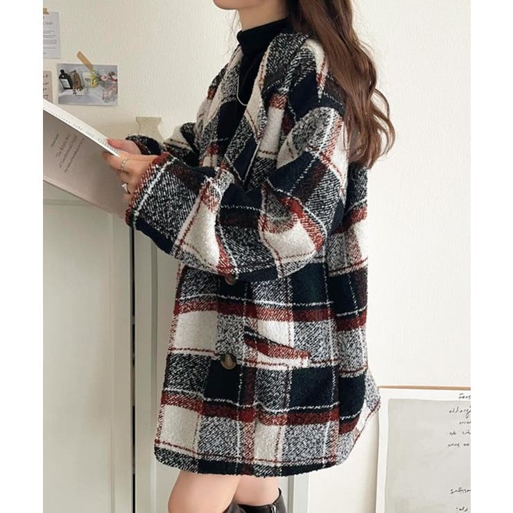 起毛ブークレチェック柄コクーンシルエットダブルジャケットコート | Classical Elf  | 詳細画像16 