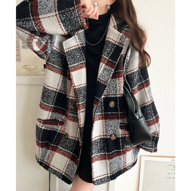 ブラック | 起毛ブークレチェック柄コクーンシルエットダブルジャケットコート | Classical Elf 
