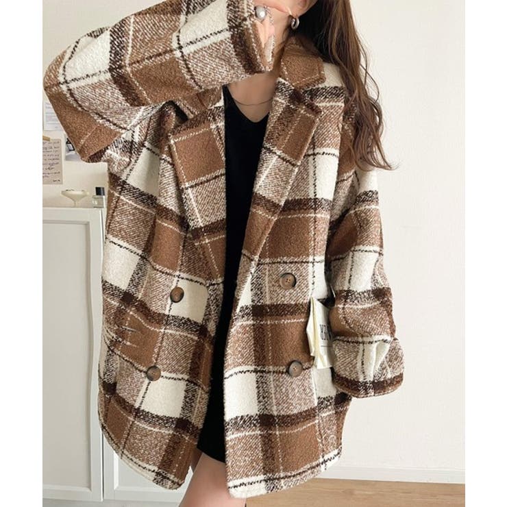 起毛ブークレチェック柄コクーンシルエットダブルジャケットコート | Classical Elf  | 詳細画像18 