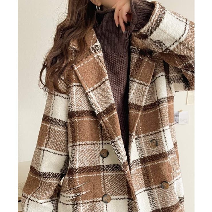 起毛ブークレチェック柄コクーンシルエットダブルジャケットコート | Classical Elf  | 詳細画像20 
