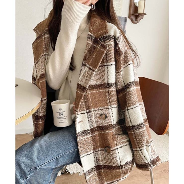 起毛ブークレチェック柄コクーンシルエットダブルジャケットコート | Classical Elf  | 詳細画像21 