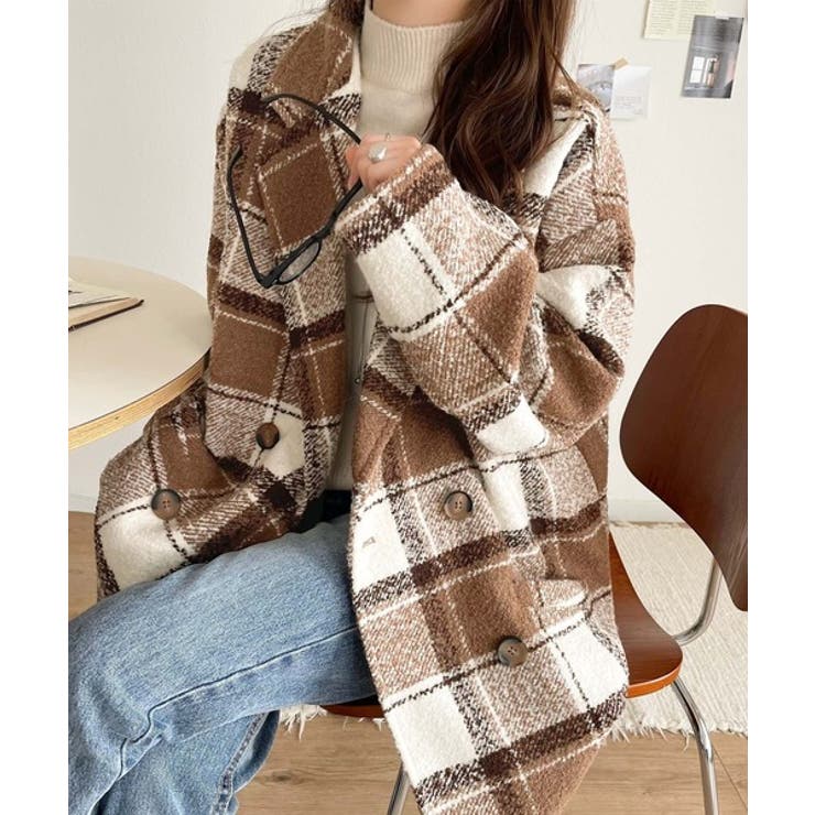 起毛ブークレチェック柄コクーンシルエットダブルジャケットコート | Classical Elf  | 詳細画像22 