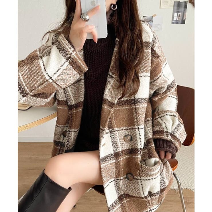 起毛ブークレチェック柄コクーンシルエットダブルジャケットコート | Classical Elf  | 詳細画像24 