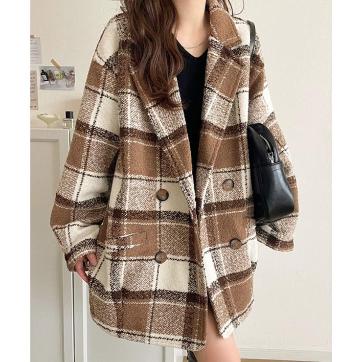 起毛ブークレチェック柄コクーンシルエットダブルジャケットコート | Classical Elf  | 詳細画像25 
