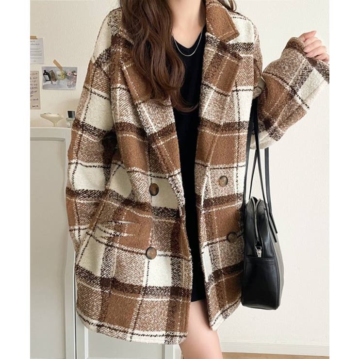 キャメル | 起毛ブークレチェック柄コクーンシルエットダブルジャケットコート | Classical Elf 