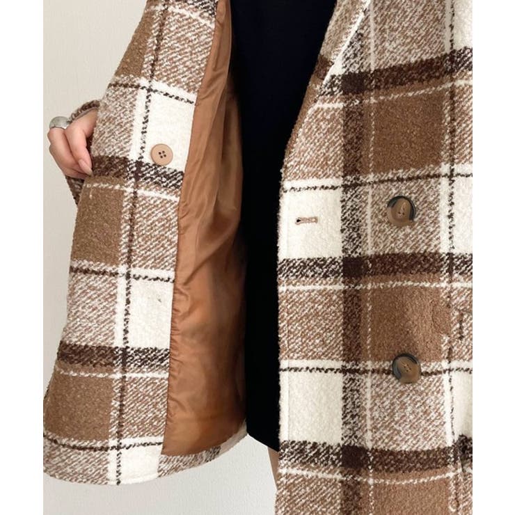 起毛ブークレチェック柄コクーンシルエットダブルジャケットコート | Classical Elf  | 詳細画像27 
