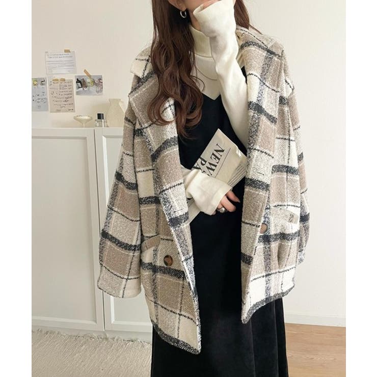 起毛ブークレチェック柄コクーンシルエットダブルジャケットコート | Classical Elf  | 詳細画像1 
