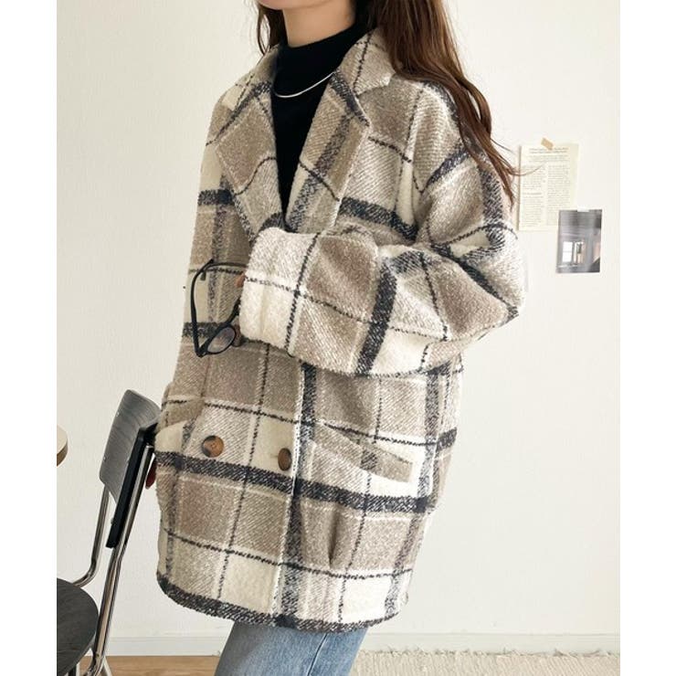 起毛ブークレチェック柄コクーンシルエットダブルジャケットコート | Classical Elf  | 詳細画像3 