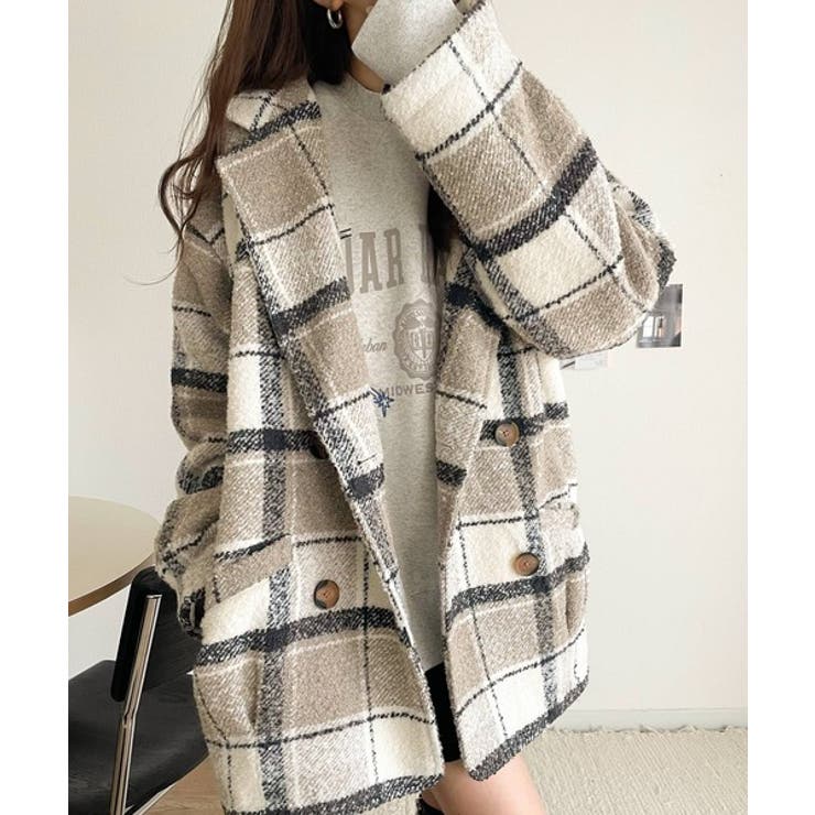 起毛ブークレチェック柄コクーンシルエットダブルジャケットコート | Classical Elf  | 詳細画像5 