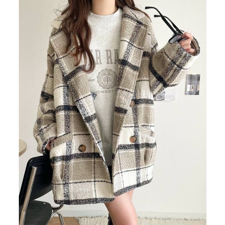 起毛ブークレチェック柄コクーンシルエットダブルジャケットコート | Classical Elf  | 詳細画像6 