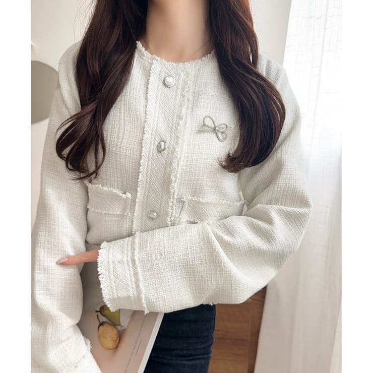 きらめく魔法に甘さを添えて♪リボンブローチ使い長袖ラメ入りツイードジャケット | Classical Elf  | 詳細画像8 