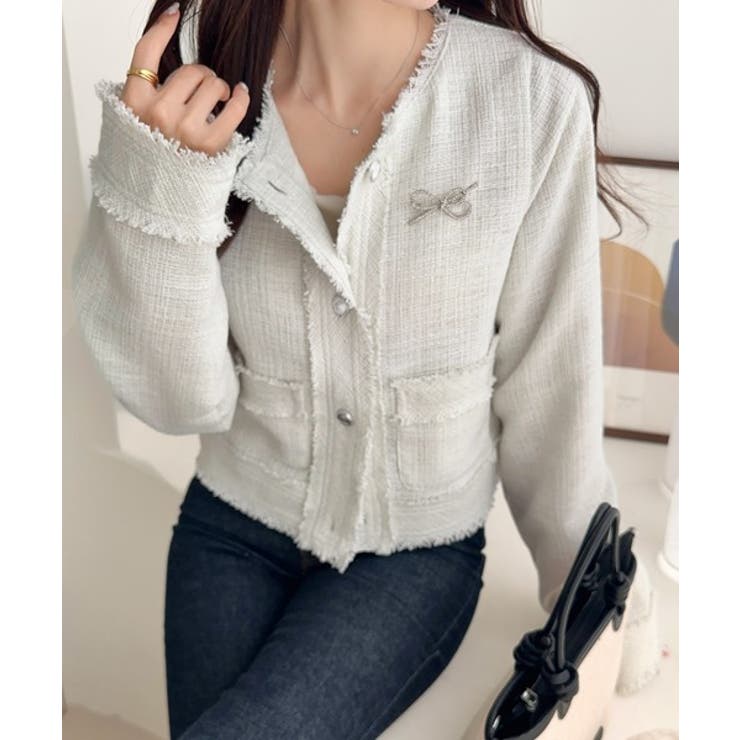 きらめく魔法に甘さを添えて♪リボンブローチ使い長袖ラメ入りツイードジャケット | Classical Elf  | 詳細画像9 