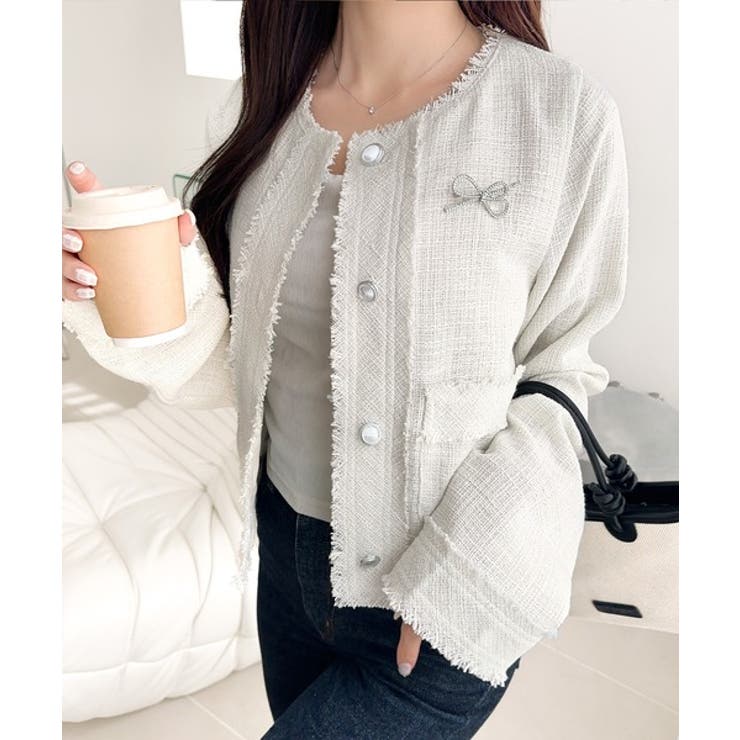 きらめく魔法に甘さを添えて♪リボンブローチ使い長袖ラメ入りツイードジャケット | Classical Elf  | 詳細画像13 