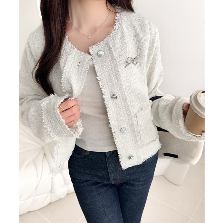 きらめく魔法に甘さを添えて♪リボンブローチ使い長袖ラメ入りツイードジャケット | Classical Elf  | 詳細画像14 