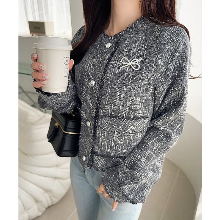 きらめく魔法に甘さを添えて♪リボンブローチ使い長袖ラメ入りツイードジャケット | Classical Elf  | 詳細画像15 