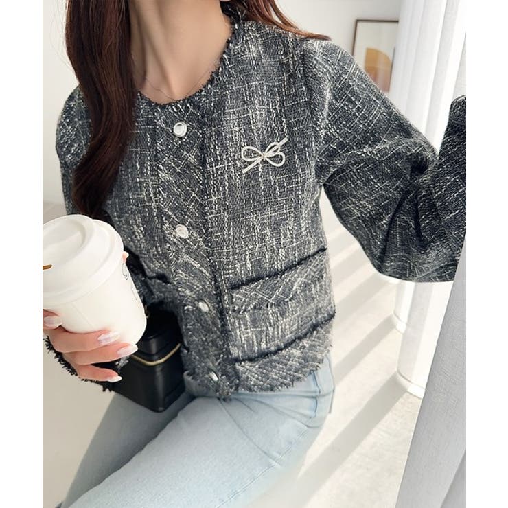 きらめく魔法に甘さを添えて♪リボンブローチ使い長袖ラメ入りツイードジャケット | Classical Elf  | 詳細画像16 