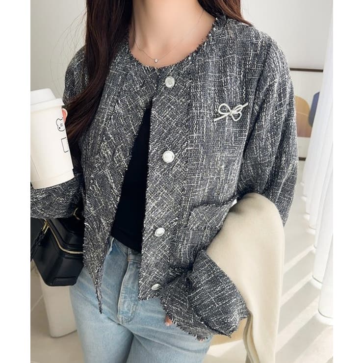 きらめく魔法に甘さを添えて♪リボンブローチ使い長袖ラメ入りツイードジャケット | Classical Elf  | 詳細画像17 