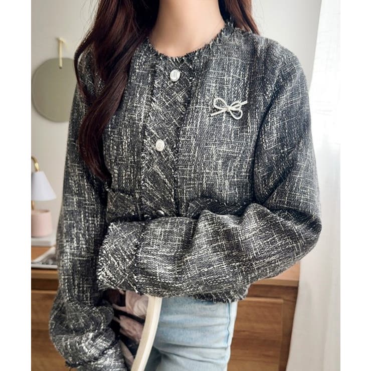 ブラック | きらめく魔法に甘さを添えて♪リボンブローチ使い長袖ラメ入りツイードジャケット | Classical Elf 