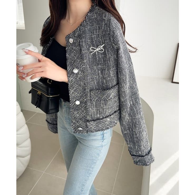 きらめく魔法に甘さを添えて♪リボンブローチ使い長袖ラメ入りツイードジャケット | Classical Elf  | 詳細画像18 