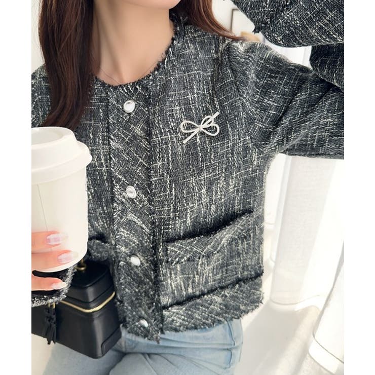 きらめく魔法に甘さを添えて♪リボンブローチ使い長袖ラメ入りツイードジャケット | Classical Elf  | 詳細画像19 