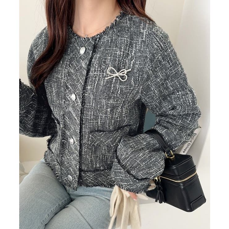 きらめく魔法に甘さを添えて♪リボンブローチ使い長袖ラメ入りツイードジャケット | Classical Elf  | 詳細画像23 