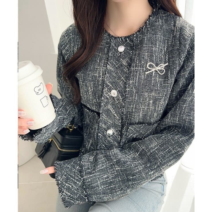 きらめく魔法に甘さを添えて♪リボンブローチ使い長袖ラメ入りツイードジャケット | Classical Elf  | 詳細画像24 