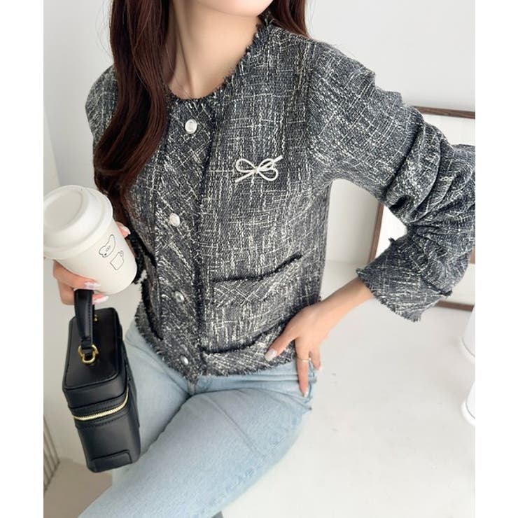 きらめく魔法に甘さを添えて♪リボンブローチ使い長袖ラメ入りツイードジャケット | Classical Elf  | 詳細画像25 