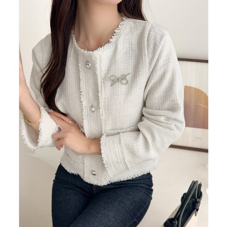 きらめく魔法に甘さを添えて♪リボンブローチ使い長袖ラメ入りツイードジャケット | Classical Elf  | 詳細画像3 