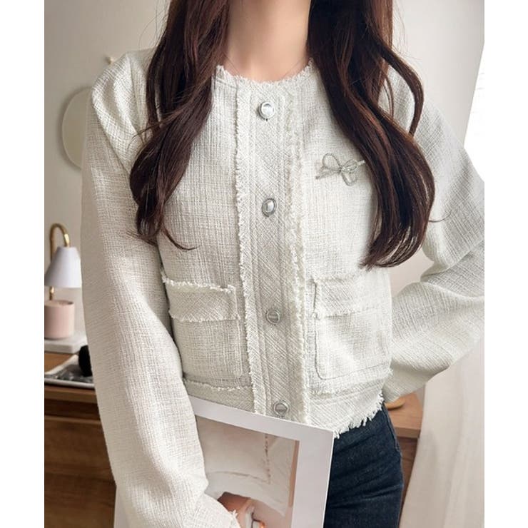 きらめく魔法に甘さを添えて♪リボンブローチ使い長袖ラメ入りツイードジャケット | Classical Elf  | 詳細画像4 