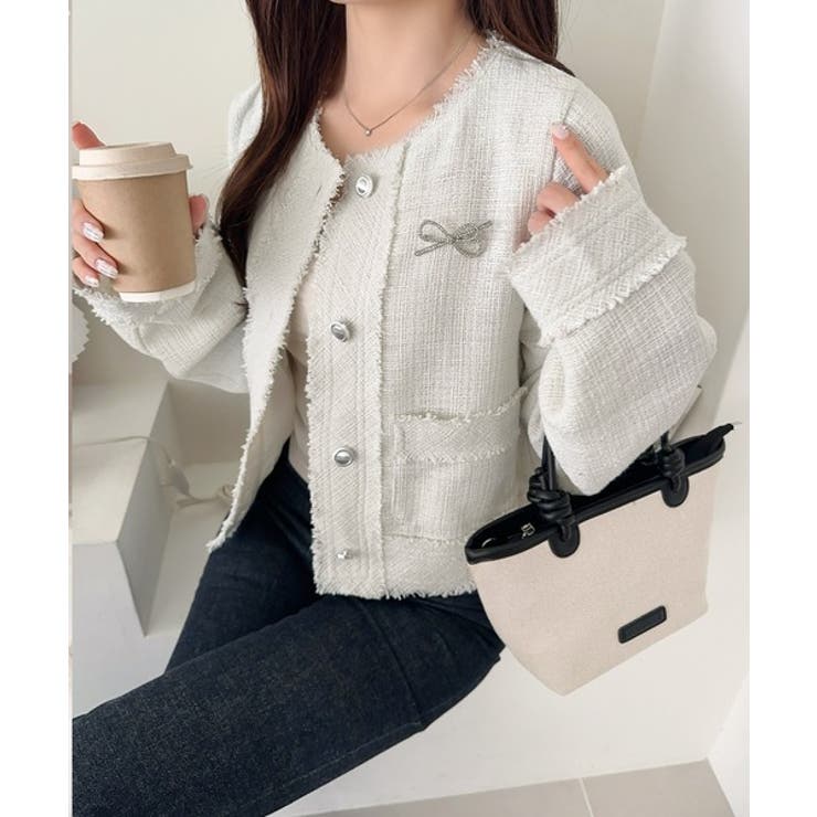 きらめく魔法に甘さを添えて♪リボンブローチ使い長袖ラメ入りツイードジャケット | Classical Elf  | 詳細画像5 