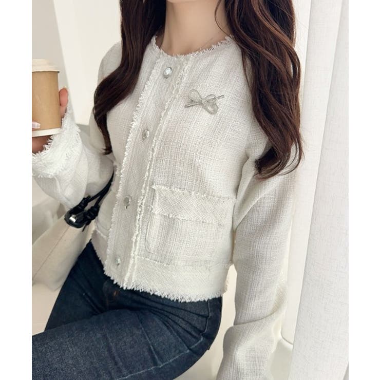 きらめく魔法に甘さを添えて♪リボンブローチ使い長袖ラメ入りツイードジャケット | Classical Elf  | 詳細画像6 