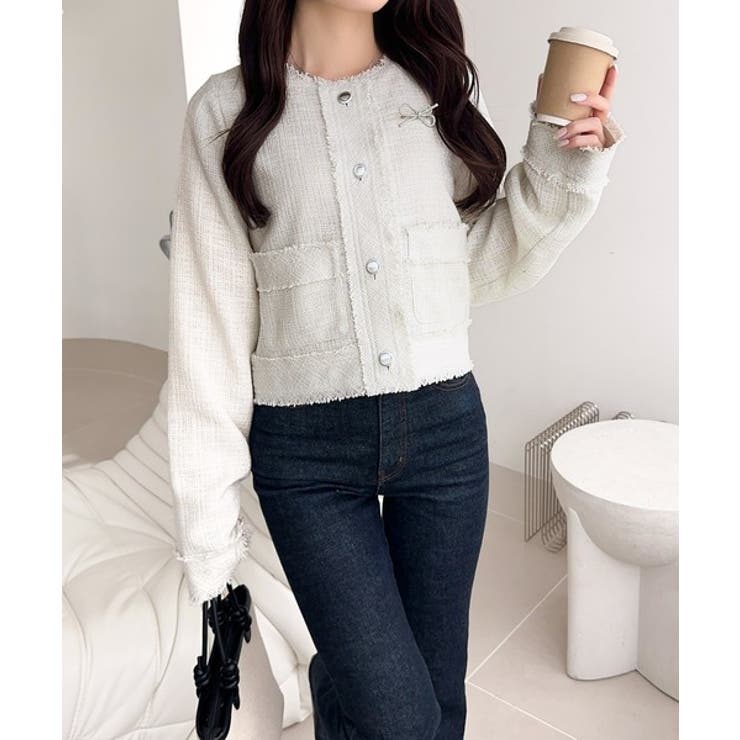 きらめく魔法に甘さを添えて♪リボンブローチ使い長袖ラメ入りツイードジャケット | Classical Elf  | 詳細画像7 