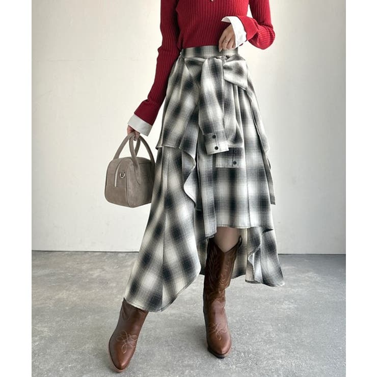 ブラック | 旬のレイヤード風スタイルが楽しめる！シャツ巻き風チェック柄スカート | Classical Elf 