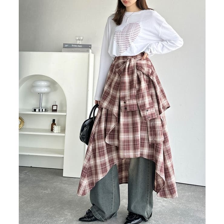 旬のレイヤード風スタイルが楽しめる！シャツ巻き風チェック柄スカート | Classical Elf  | 詳細画像18 