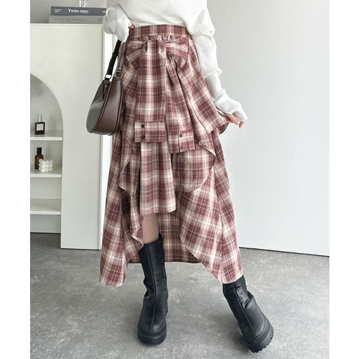 レッド | 旬のレイヤード風スタイルが楽しめる！シャツ巻き風チェック柄スカート | Classical Elf 