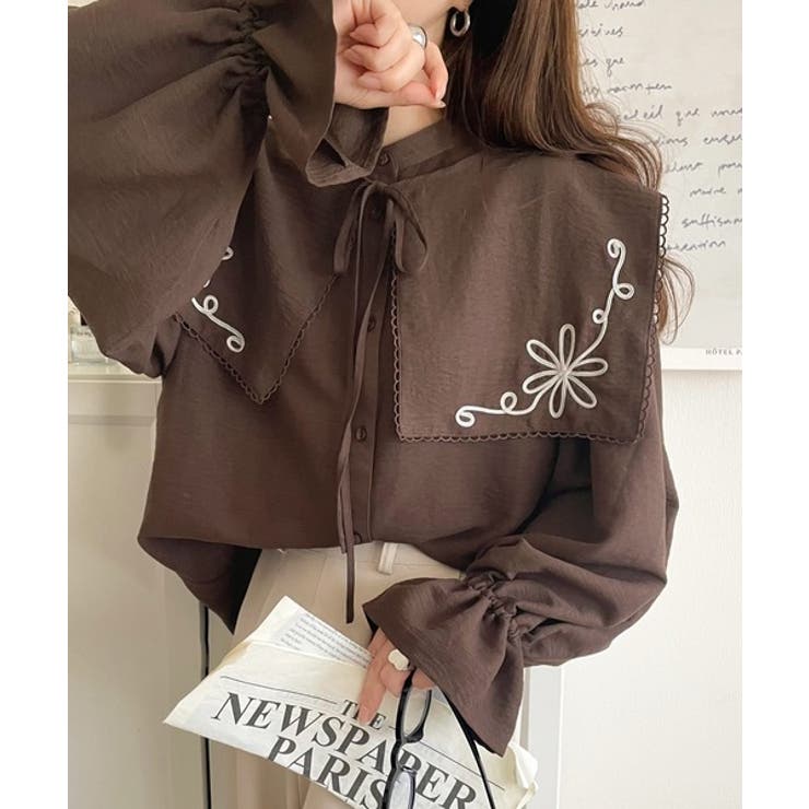ダークブラウン | 【mily bilet】クラシカルさとモダンさを両立。花刺繍ケープブラウス | Classical Elf 