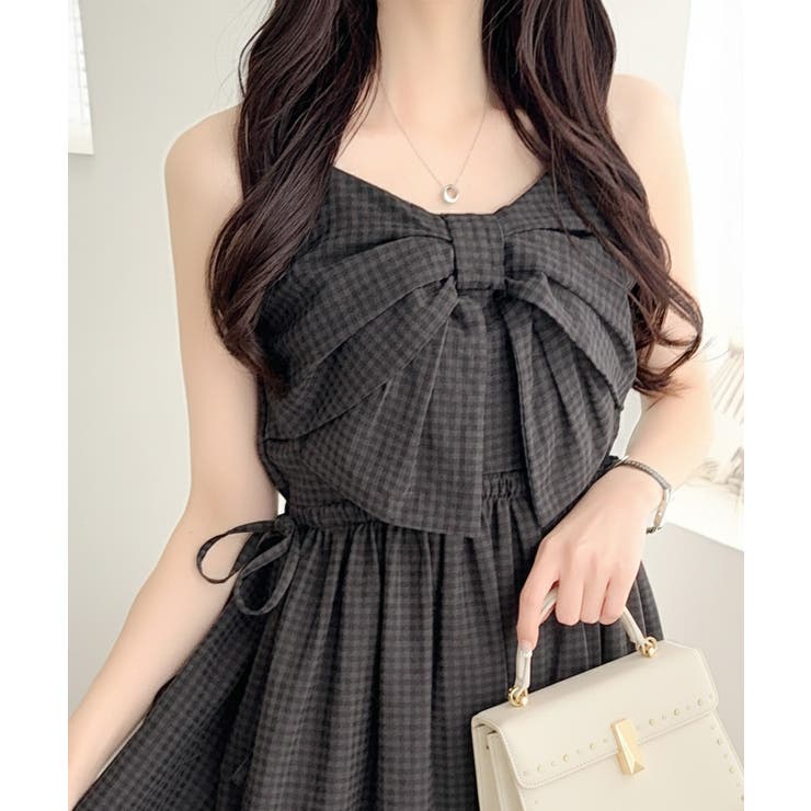 ブラック | 【mily bilet】春夏に映える♪ビッグリボンチェック柄ティアードワンピース… | Classical Elf 