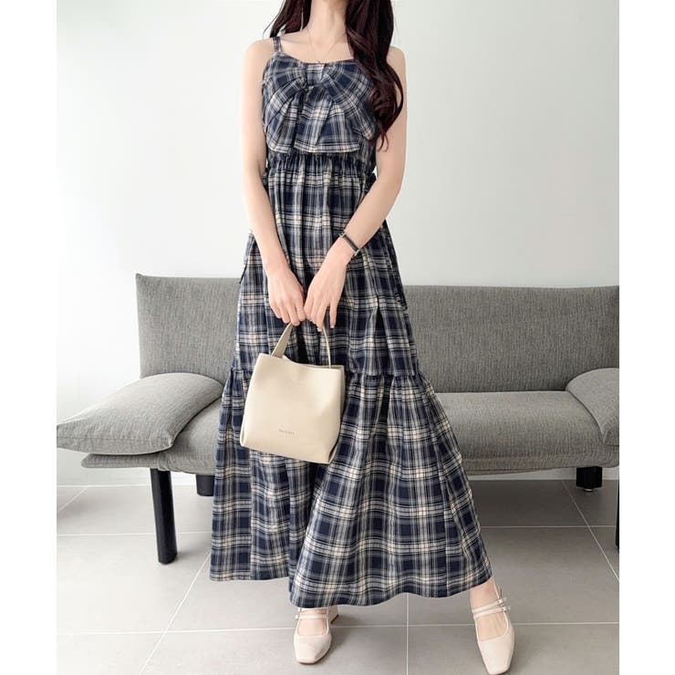 ネイビーチェック | 【mily bilet】春夏に映える♪ビッグリボンチェック柄ティアードワンピース… | Classical Elf 