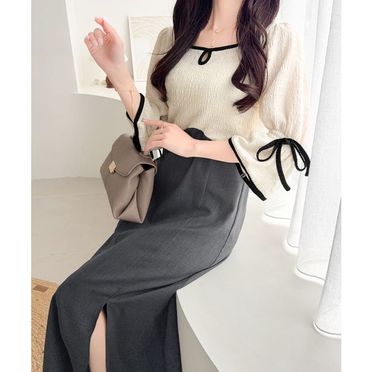 アイボリー×チャコール | 【mily bilet】さりげないスリットにきゅん♪袖リボン付き配色パイピング異… | Classical Elf 