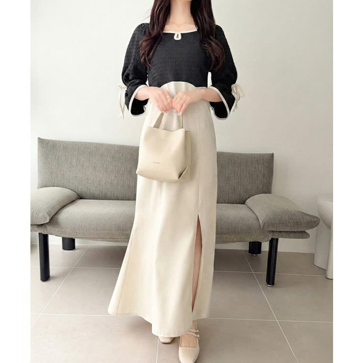 ブラック×ベージュ | 【mily bilet】さりげないスリットにきゅん♪袖リボン付き配色パイピング異… | Classical Elf 