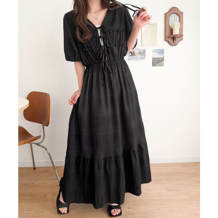 ブラック | 【mily bilet】1枚で華やぐ♪揺れ感シアーフリルリボンプリーツロングワン… | Classical Elf 