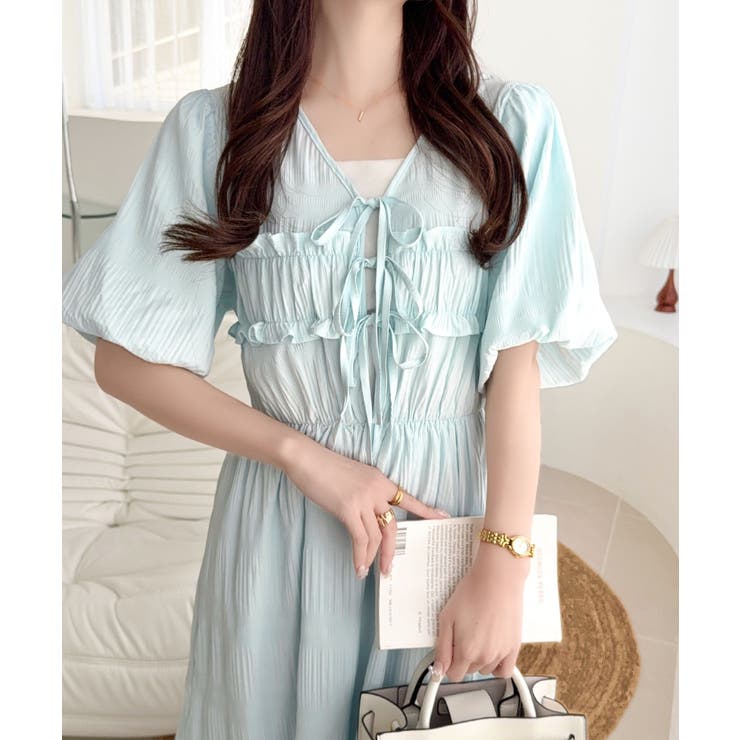 ブルー | 【mily bilet】1枚で華やぐ♪揺れ感シアーフリルリボンプリーツロングワン… | Classical Elf 