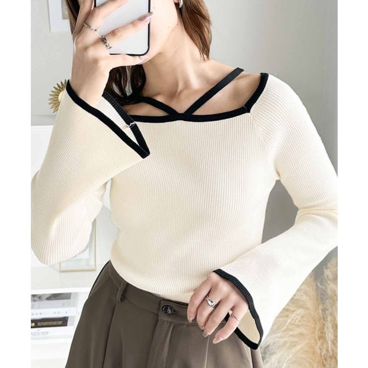 大人に色っぽく。2wayクロスストラップ袖フレアリブニット | Classical Elf  | 詳細画像4 