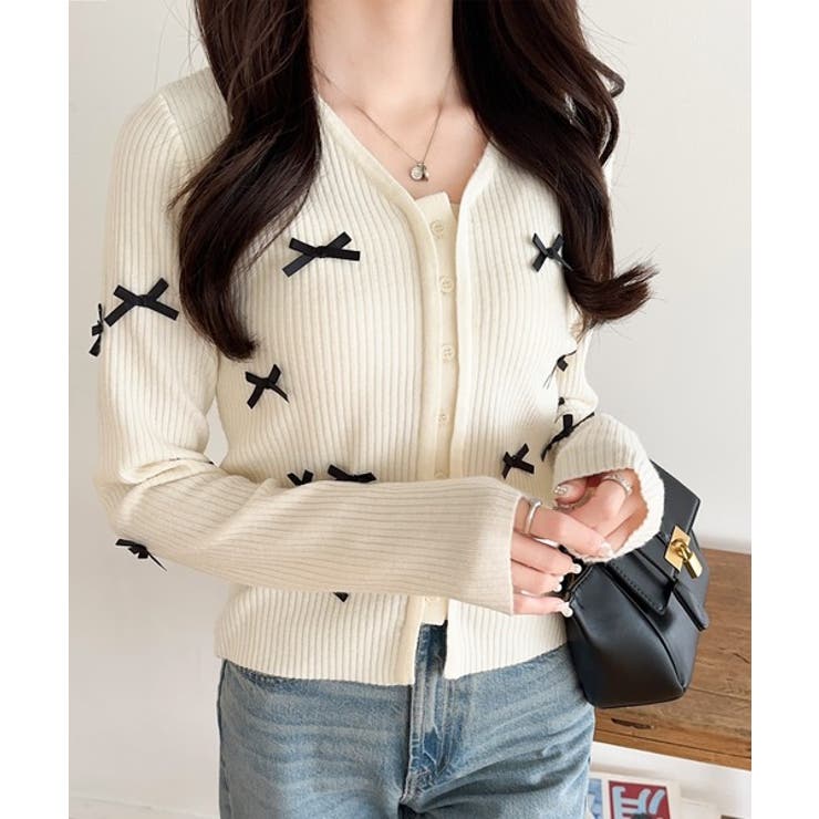 アイボリー | 【mily bilet】程よい甘さで大人フェミニン。リボン使いVネックカーディガ… | Classical Elf 