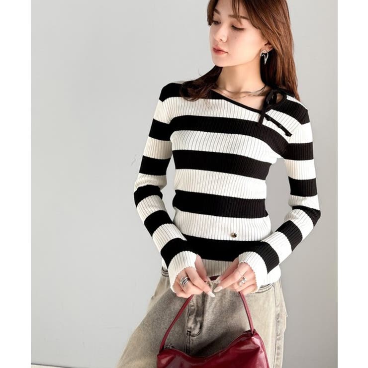 【mily bilet】春夏の新定番！くるみボタンアシンメトリーネックボーダーリ… | Classical Elf  | 詳細画像12 