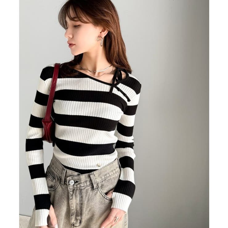 【mily bilet】春夏の新定番！くるみボタンアシンメトリーネックボーダーリ… | Classical Elf  | 詳細画像14 