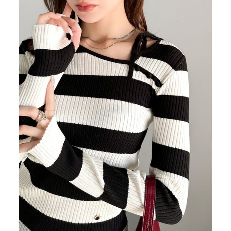 【mily bilet】春夏の新定番！くるみボタンアシンメトリーネックボーダーリ… | Classical Elf  | 詳細画像15 