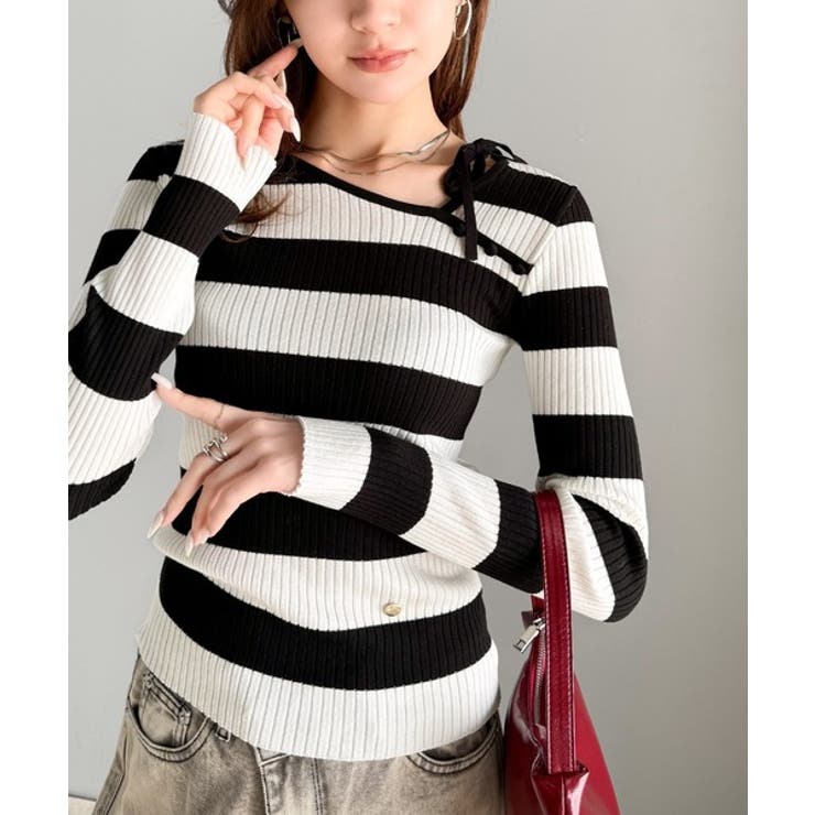 ブラック | 【mily bilet】春夏の新定番！くるみボタンアシンメトリーネックボーダーリ… | Classical Elf 