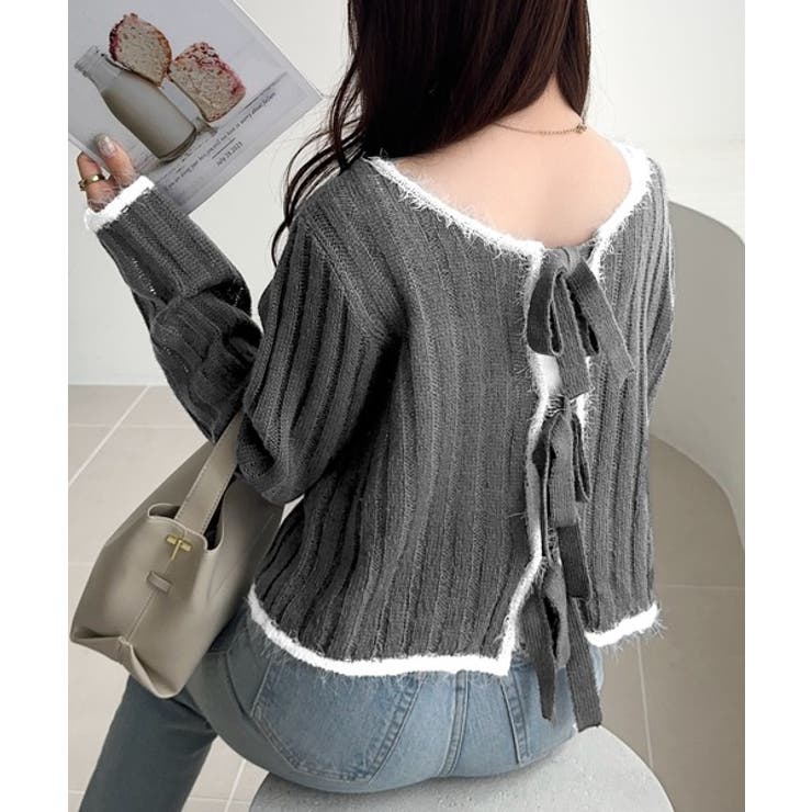 チャコールグレー | 【mily bilet】ふわっとガーリー。透かし編みフェザー配色前後２WAYリボ… | Classical Elf 