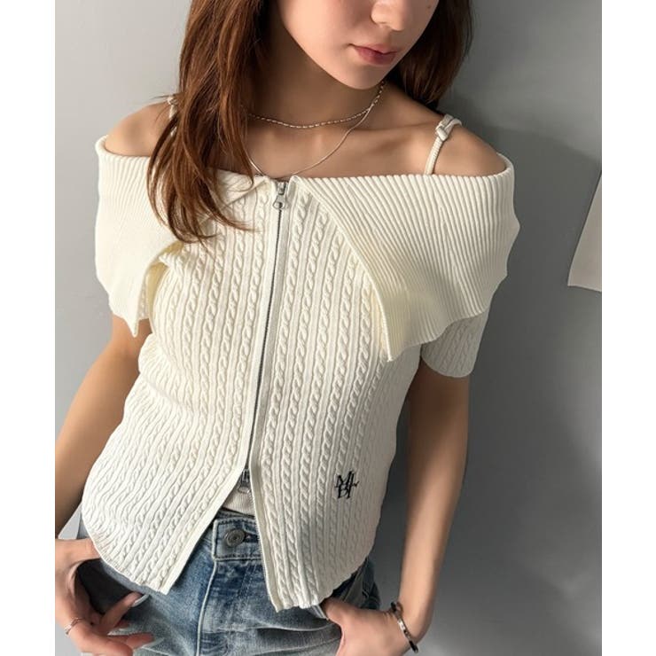ホワイト | 抜け感レディースタイル。ロゴ刺繍オフショル２WAYダブルジップケーブル柄サマーニ… | Classical Elf 